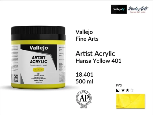 Farba akrylowa 500 ml Hansa Yellow 401 Vallejo Acrylic Artist Color, Vallejo Acrylic Artist Color farby akrylowe 500 ml, farba akrylowa Artist Color Acrylicos Vallejo, farby akrylowe, farby akrylowe Vallejo, tradearts,