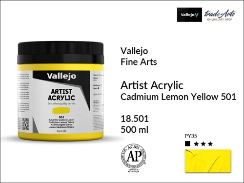 Farba akrylowa 500 ml Cadmium Lemon Yellow 501 Vallejo Acrylic Artist Color, Vallejo Acrylic Artist Color farby akrylowe 500 ml, farba akrylowa Artist Color Acrylicos Vallejo, farby akrylowe, farby akrylowe Vallejo, tradearts,