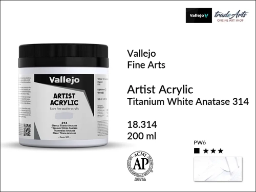 Farba akrylowa 500 ml Titanium White Anatase 314 Vallejo Acrylic Artist Color, Vallejo Acrylic Artist Color farby akrylowe 500 ml, farba akrylowa Artist Color Acrylicos Vallejo, farby akrylowe, farby akrylowe Vallejo, tradearts,