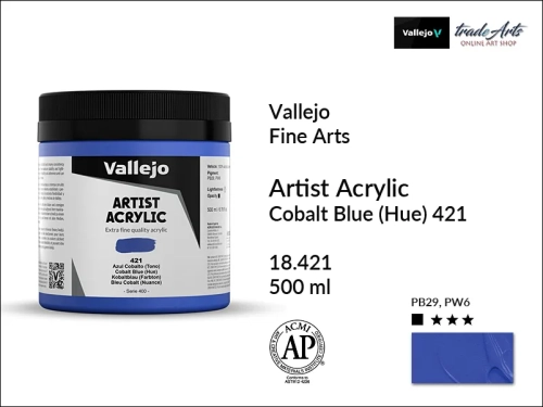 Farba akrylowa 500 ml Cobalt Blue Hue 421 Vallejo Acrylic Artist Color, Vallejo Acrylic Artist Color farby akrylowe 500 ml, farba akrylowa Artist Color Acrylicos Vallejo, farby akrylowe, farby akrylowe Vallejo, tradearts,