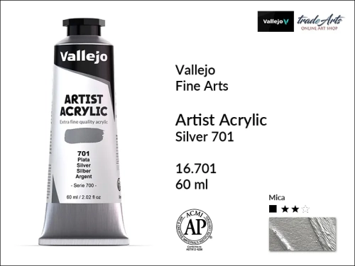 Vallejo Acrylic Artist Color  farba akrylowa Silver 701 tuba 60 ml, Vallejo - artystyczne farby akrylowe  Acrylic Artist Color 60 ml, farby akrylowe metaliczne, farby, akryle Vallejo 60 ml,  Vallejo,