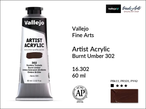 Vallejo Acrylic Artist Color  farba akrylowa Burnt Umber 302 tuba 60 ml, Vallejo - artystyczne farby akrylowe  Acrylic Artist Color 60 ml, farby akrylowe metaliczne, farby, akryle Vallejo 60 ml,  Vallejo,