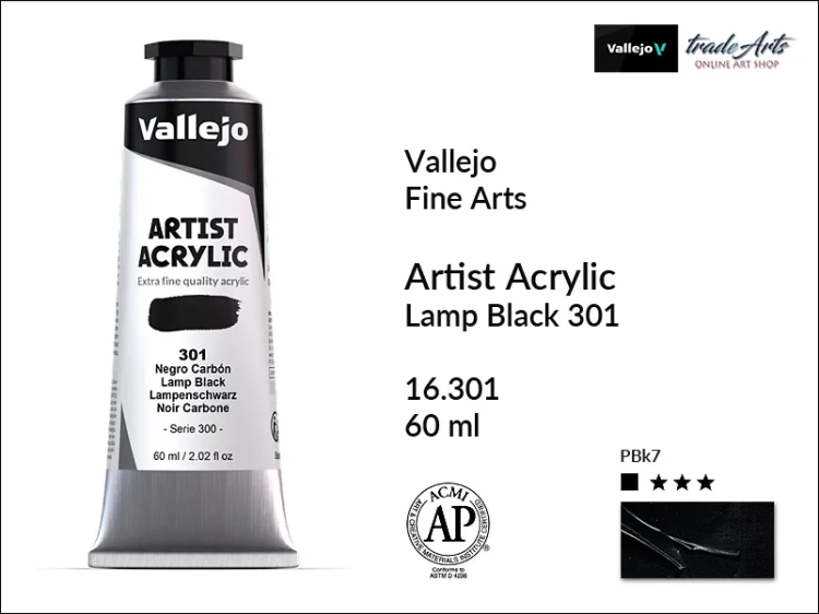 Vallejo Acrylic Artist Color  farba akrylowa Lamp Black 301 tuba 60 ml, Vallejo - artystyczne farby akrylowe  Acrylic Artist Color 60 ml, farby akrylowe metaliczne, farby, akryle Vallejo 60 ml,  Vallejo,