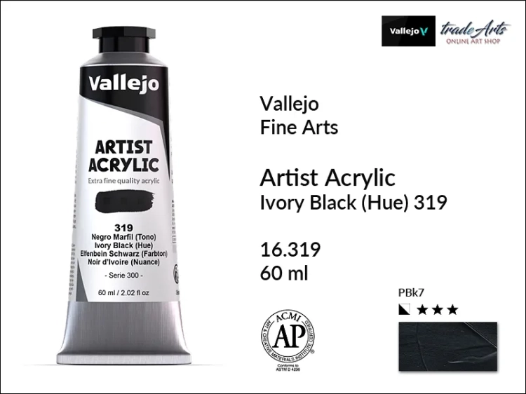 Vallejo Acrylic Artist Color  farba akrylowa Ivory Black 319 tuba 60 ml, Vallejo - artystyczne farby akrylowe  Acrylic Artist Color 60 ml, farby akrylowe metaliczne, farby, akryle Vallejo 60 ml,  Vallejo,