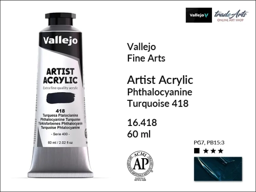 Vallejo Acrylic Artist Color  farba akrylowa Phthalo Turquoise 418 tuba 60 ml, Vallejo - artystyczne farby akrylowe  Acrylic Artist Color 60 ml, farby akrylowe metaliczne, farby, akryle Vallejo 60 ml,  Vallejo,