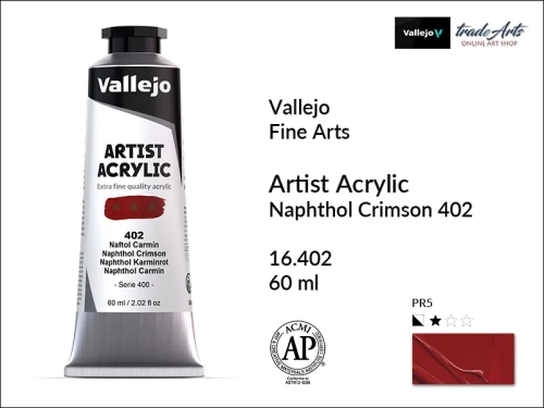 Vallejo Acrylic Artist Color  farba akrylowa Naphthol Crimson 402 tuba 60 ml, Vallejo - artystyczne farby akrylowe  Acrylic Artist Color 60 ml, farby akrylowe metaliczne, farby, akryle Vallejo 60 ml,  Vallejo,