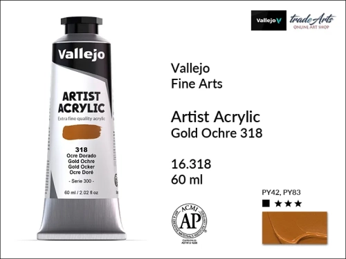 Vallejo Acrylic Artist Color  farba akrylowa Gold Ochre 318 60 ml, Vallejo - farby akrylowe metaliczne Acrylic Artist Color 60 ml, farby akrylowe metaliczne, farby, akryle Vallejo 60 ml, farby metaliczne Vallejo Acrylic Artist Color w tradeArts,