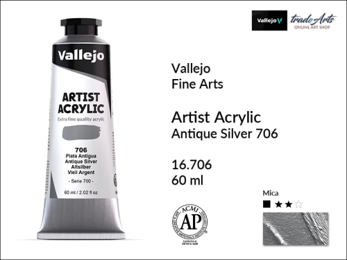 Vallejo Acrylic Artist Color  farba akrylowa Antique Silver 706 tuba 60 ml, Vallejo - artystyczne farby akrylowe  Acrylic Artist Color 60 ml, farby akrylowe metaliczne, farby, akryle Vallejo 60 ml,  Vallejo,