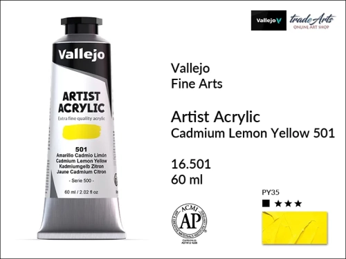 Vallejo Acrylic Artist Color  farba akrylowa Cadmium Lemon Yellow 501 tuba 60 ml, Vallejo - artystyczne farby akrylowe  Acrylic Artist Color 60 ml, farby akrylowe metaliczne, farby, akryle Vallejo 60 ml,  Vallejo,