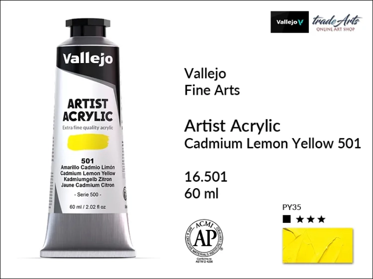 Vallejo Acrylic Artist Color  farba akrylowa Cadmium Lemon Yellow 501 tuba 60 ml, Vallejo - artystyczne farby akrylowe  Acrylic Artist Color 60 ml, farby akrylowe metaliczne, farby, akryle Vallejo 60 ml,  Vallejo,