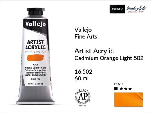 Vallejo Acrylic Artist Color  farba akrylowa Cadmium Orange Light 502  tuba 60 ml, Vallejo - artystyczne farby akrylowe  Acrylic Artist Color 60 ml, farby akrylowe metaliczne, farby, akryle Vallejo 60 ml,  Vallejo,