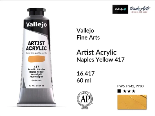 Vallejo Acrylic Artist Color  farba akrylowa Naples Yellow Hue 417 tuba 60 ml, Vallejo - artystyczne farby akrylowe  Acrylic Artist Color 60 ml, farby akrylowe metaliczne, farby, akryle Vallejo 60 ml,  Vallejo,