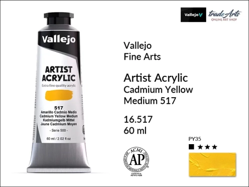 Vallejo Acrylic Artist Color  farba akrylowa Cadmium Yellow Medium 517  tuba 60 ml, Vallejo - artystyczne farby akrylowe  Acrylic Artist Color 60 ml, farby akrylowe metaliczne, farby, akryle Vallejo 60 ml,  Vallejo,