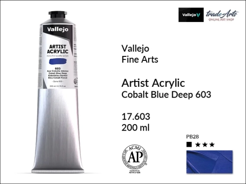 Farba akrylowa 200 ml Cobalt Blue Deep 603 Vallejo Acrylic Artist Color, Vallejo Acrylic Artist Color farby akrylowe 200 ml, farba akrylowa Artist Color Acrylicos Vallejo, farby akrylowe, farby akrylowe Vallejo, tradearts,