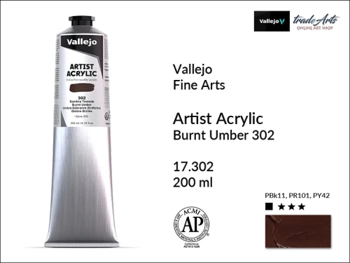 Farba akrylowa 200 ml Burnt Umber 302 Vallejo Acrylic Artist Color, Vallejo Acrylic Artist Color farby akrylowe 200 ml, farba akrylowa Artist Color Acrylicos Vallejo, farby akrylowe, farby akrylowe Vallejo, tradearts,