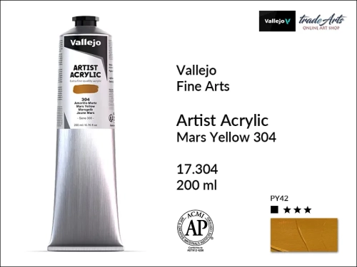 Farba akrylowa 200 ml Mars Yellow 304 Vallejo Acrylic Artist Color, Vallejo Acrylic Artist Color farby akrylowe 200 ml, farba akrylowa Artist Color Acrylicos Vallejo, farby akrylowe, farby akrylowe Vallejo, tradearts,