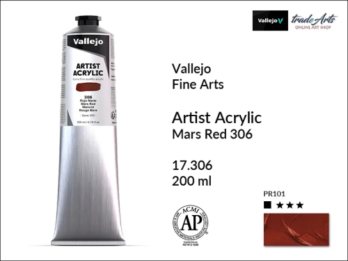 Farba akrylowa 200 ml Mars Red 306 Vallejo Acrylic Artist Color, Vallejo Acrylic Artist Color farby akrylowe 200 ml, farba akrylowa Artist Color Acrylicos Vallejo, farby akrylowe, farby akrylowe Vallejo, tradearts,