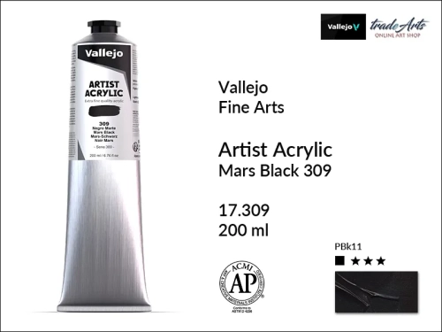 Farba akrylowa 200 ml Mars Black 309 Vallejo Acrylic Artist Color, Vallejo Acrylic Artist Color farby akrylowe 200 ml, farba akrylowa Artist Color Acrylicos Vallejo, farby akrylowe, farby akrylowe Vallejo, tradearts,