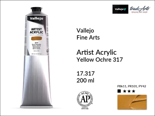 Farba akrylowa 200 ml Yellow Ochre 317 Vallejo Acrylic Artist Color, Vallejo Acrylic Artist Color farby akrylowe 200 ml, farba akrylowa Artist Color Acrylicos Vallejo, farby akrylowe, farby akrylowe Vallejo, tradearts,