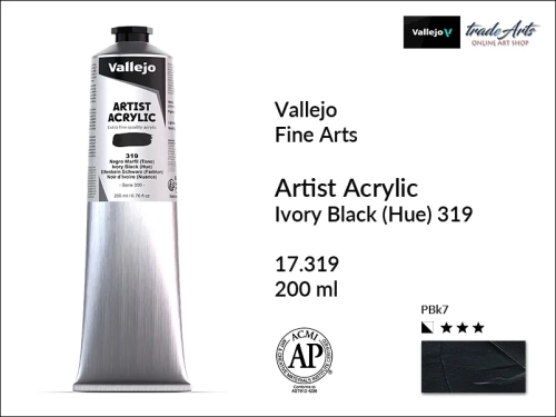Farba akrylowa 200 ml Ivory Black 319 Vallejo Acrylic Artist Color, Vallejo Acrylic Artist Color farby akrylowe 200 ml, farba akrylowa Artist Color Acrylicos Vallejo, farby akrylowe, farby akrylowe Vallejo, tradearts,