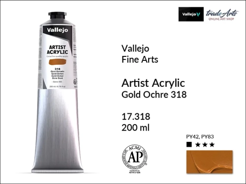 Farba akrylowa 200 ml Gold Ochre 318 Vallejo Acrylic Artist Color, Vallejo Acrylic Artist Color farby akrylowe 200 ml, farba akrylowa Artist Color Acrylicos Vallejo, farby akrylowe, farby akrylowe Vallejo, tradearts,