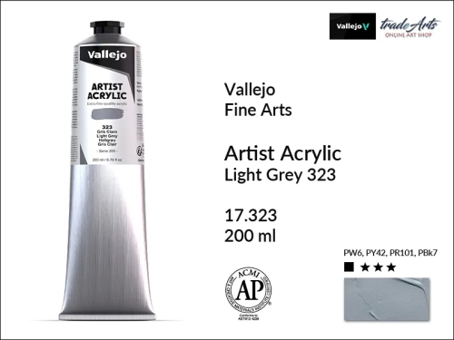 Farba akrylowa 200 ml Light Grey 323 Vallejo Acrylic Artist Color, Vallejo Acrylic Artist Color farby akrylowe 200 ml, farba akrylowa Artist Color Acrylicos Vallejo, farby akrylowe, farby akrylowe Vallejo, tradearts,