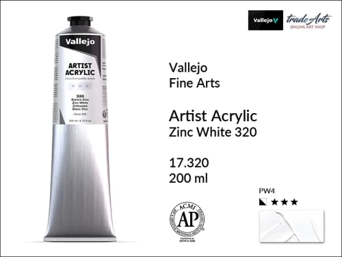Farba akrylowa 200 ml Zinc White 320 Vallejo Acrylic Artist Color, Vallejo Acrylic Artist Color farby akrylowe 200 ml, farba akrylowa Artist Color Acrylicos Vallejo, farby akrylowe, farby akrylowe Vallejo, tradearts,