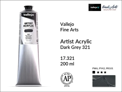 Farba akrylowa 200 ml Dark Grey 321 Vallejo Acrylic Artist Color, Vallejo Acrylic Artist Color farby akrylowe 200 ml, farba akrylowa Artist Color Acrylicos Vallejo, farby akrylowe, farby akrylowe Vallejo, tradearts,