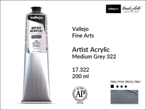 Farba akrylowa Vallejo Acrylic Artist Color, kolor: Medium Grey 322, tuba 200 ml