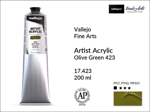 Farba akrylowa 200 ml Olive Green 423 Vallejo Acrylic Artist Color, Vallejo Acrylic Artist Color farby akrylowe 200 ml, farba akrylowa Artist Color Acrylicos Vallejo, farby akrylowe, farby akrylowe Vallejo, tradearts,