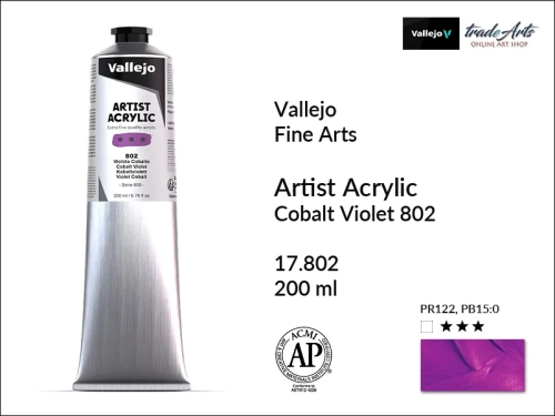 Farba akrylowa 200 ml Cobalt Violet 802 Vallejo Acrylic Artist Color, Vallejo Acrylic Artist Color farby akrylowe 200 ml, farba akrylowa Artist Color Acrylicos Vallejo, farby akrylowe, farby akrylowe Vallejo, tradearts,