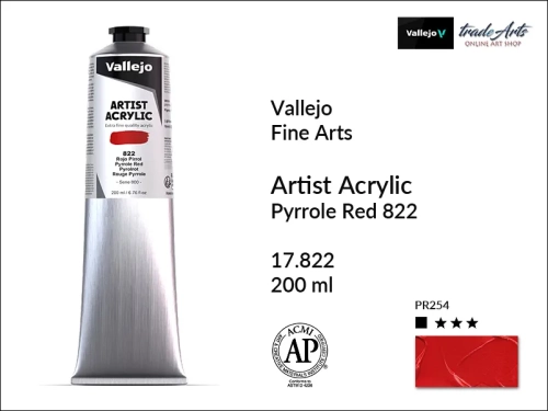 Farba akrylowa 200 ml Pyrrole Red 822 Vallejo Acrylic Artist Color, Vallejo Acrylic Artist Color farby akrylowe 200 ml, farba akrylowa Artist Color Acrylicos Vallejo, farby akrylowe, farby akrylowe Vallejo, tradearts,