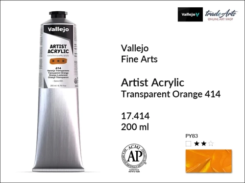 Farba akrylowa 200 ml Transparent Orange 414 Vallejo Acrylic Artist Color, Vallejo Acrylic Artist Color farby akrylowe 200 ml, farba akrylowa Artist Color Acrylicos Vallejo, farby akrylowe, farby akrylowe Vallejo, tradearts,
