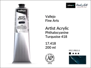 Farba akrylowa Vallejo Acrylic Artist Color, kolor: Phthalocyanine Turquoise 418, tuba 200 ml
