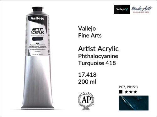 Farba akrylowa 200 ml Phthalo Turquoise 418 Vallejo Acrylic Artist Color, Vallejo Acrylic Artist Color farby akrylowe 200 ml, farba akrylowa Artist Color Acrylicos Vallejo, farby akrylowe, farby akrylowe Vallejo, tradearts,