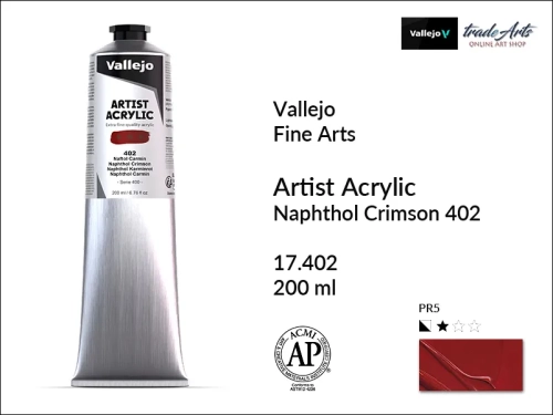 Farba akrylowa 200 ml Naphtol Crimson 402 Vallejo Acrylic Artist Color, Vallejo Acrylic Artist Color farby akrylowe 200 ml, farba akrylowa Artist Color Acrylicos Vallejo, farby akrylowe, farby akrylowe Vallejo, tradearts,
