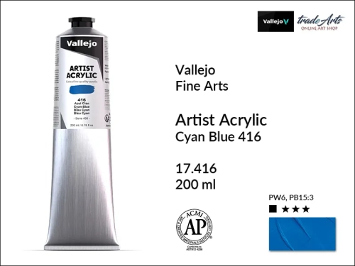 Farba akrylowa 200 ml Cyan Blue 416 Vallejo Acrylic Artist Color, Vallejo Acrylic Artist Color farby akrylowe 200 ml, farba akrylowa Artist Color Acrylicos Vallejo, farby akrylowe, farby akrylowe Vallejo, tradearts,
