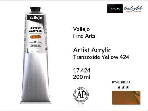 Farba akrylowa 200 ml Transoxide Yellow 424 Vallejo Acrylic Artist Color, Vallejo Acrylic Artist Color farby akrylowe 200 ml, farba akrylowa Artist Color Acrylicos Vallejo, farby akrylowe, farby akrylowe Vallejo, tradearts,