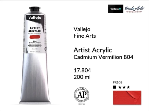 Farba akrylowa 200 ml Cadmium Vermilion 804 Vallejo Acrylic Artist Color, Vallejo Acrylic Artist Color farby akrylowe 200 ml, farba akrylowa Artist Color Acrylicos Vallejo, farby akrylowe, farby akrylowe Vallejo, tradearts,