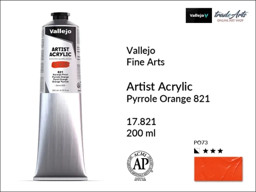 Farba akrylowa 200 ml Pyrrole Orange 821 Vallejo Acrylic Artist Color, Vallejo Acrylic Artist Color farby akrylowe 200 ml, farba akrylowa Artist Color Acrylicos Vallejo, farby akrylowe, farby akrylowe Vallejo, tradearts,