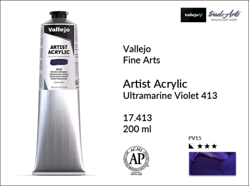 Farba akrylowa 200 ml Ultramarine Violet 413 Vallejo Acrylic Artist Color, Vallejo Acrylic Artist Color farby akrylowe 200 ml, farba akrylowa Artist Color Acrylicos Vallejo, farby akrylowe, farby akrylowe Vallejo, tradearts,