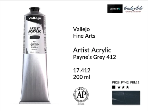 Farba akrylowa 200 ml Payne's Grey 412 Vallejo Acrylic Artist Color, Vallejo Acrylic Artist Color farby akrylowe 200 ml, farba akrylowa Artist Color Acrylicos Vallejo, farby akrylowe, farby akrylowe Vallejo, tradearts,