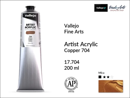 Farba akrylowa 200 ml Copper Metallic 704 Vallejo Acrylic Artist Color, Vallejo Acrylic Artist Color farby akrylowe 200 ml, farba akrylowa Artist Color Acrylicos Vallejo, farby akrylowe, farby akrylowe Vallejo, tradearts,