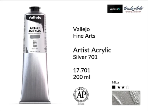 Farba akrylowa 200 ml Silver Metallic 701 Vallejo Acrylic Artist Color, Vallejo Acrylic Artist Color farby akrylowe 200 ml, farba akrylowa Artist Color Acrylicos Vallejo, farby akrylowe, farby akrylowe Vallejo, tradearts,