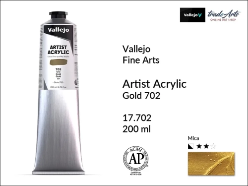 Farba akrylowa 200 ml Gold Metallic 702 Vallejo Acrylic Artist Color, Vallejo Acrylic Artist Color farby akrylowe 200 ml, farba akrylowa Artist Color Acrylicos Vallejo, farby akrylowe, farby akrylowe Vallejo, tradearts,