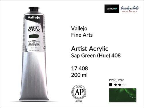 Farba akrylowa 200 ml Sap Green 408 Vallejo Acrylic Artist Color, Vallejo Acrylic Artist Color farby akrylowe 200 ml, farba akrylowa Artist Color Acrylicos Vallejo, farby akrylowe, farby akrylowe Vallejo, tradearts,