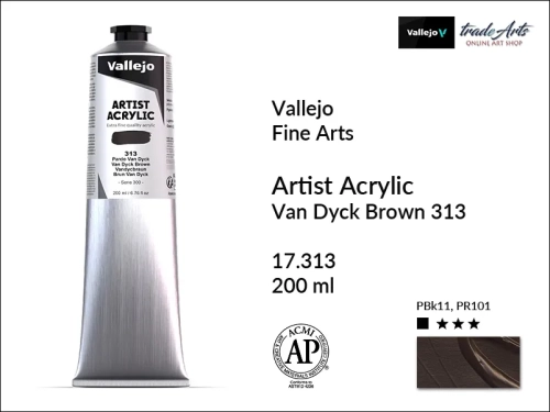 Farba akrylowa 200 ml Van Dyck Brown 313 Vallejo Acrylic Artist Color, Vallejo Acrylic Artist Color farby akrylowe 200 ml, farba akrylowa Artist Color Acrylicos Vallejo, farby akrylowe, farby akrylowe Vallejo, tradearts,