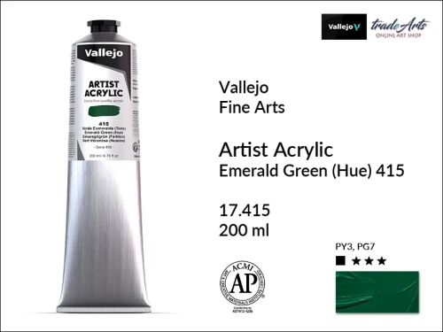 Farba akrylowa 200 ml Emerald Green Hue 415 Vallejo Acrylic Artist Color, Vallejo Acrylic Artist Color farby akrylowe 200 ml, farba akrylowa Artist Color Acrylicos Vallejo, farby akrylowe, farby akrylowe Vallejo, tradearts,