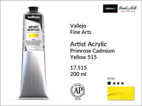 Farba akrylowa 200 ml Primrose Cadmium Yellow 515 Vallejo Acrylic Artist Color, Vallejo Acrylic Artist Color farby akrylowe 200 ml, farba akrylowa Artist Color Acrylicos Vallejo, farby akrylowe, farby akrylowe Vallejo, tradearts,