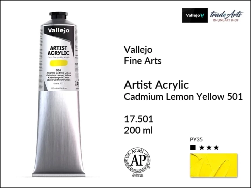 Farba akrylowa 200 ml Cadmium Lemon Yellow 501 Vallejo Acrylic Artist Color, Vallejo Acrylic Artist Color farby akrylowe 200 ml, farba akrylowa Artist Color Acrylicos Vallejo, farby akrylowe, farby akrylowe Vallejo, tradearts,